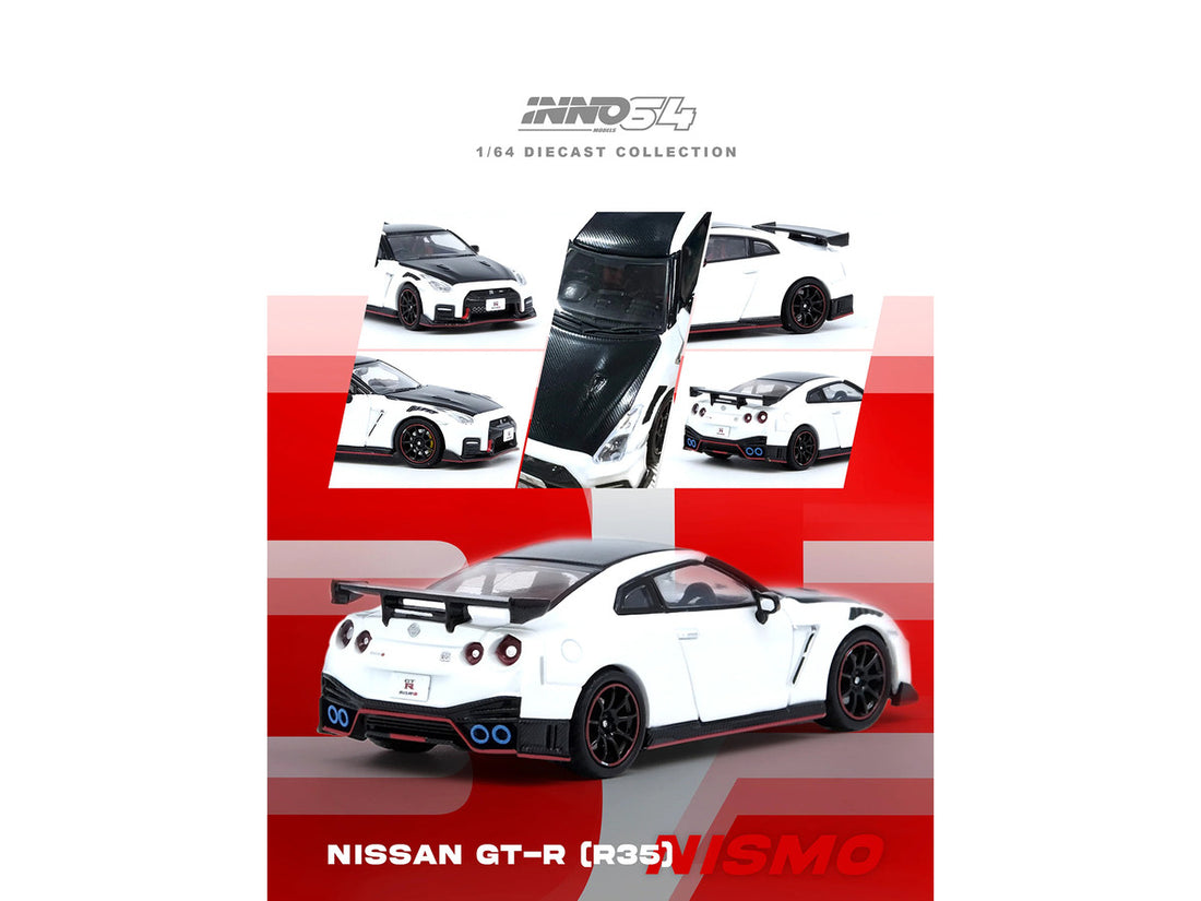 Nissan GT-R (R35) Nismo RHD (Right Hand Drive) White with Carbon Hood and Top 1/64 Diecast Model Car by Inno Models-1