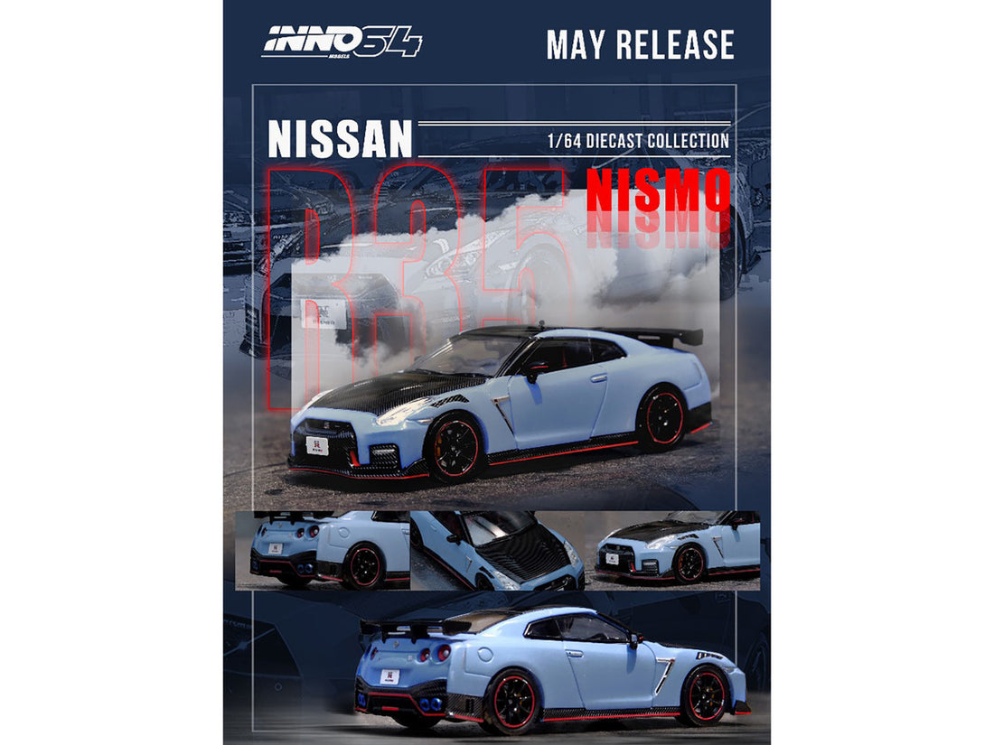 2022 Nissan GT-R (R35) Nismo Special Edition RHD (Right Hand Drive) Stealth Gray with Carbon Top and Hood 1/64 Diecast Model Car by Inno Models-1