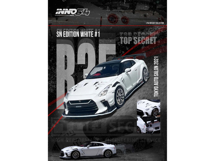 Nissan GT-R (R35) "Top Secret" RHD (Right Hand Drive) White with Black Top "Tokyo Auto Salon 2021" 1/64 Diecast Model Car by Inno Models-1