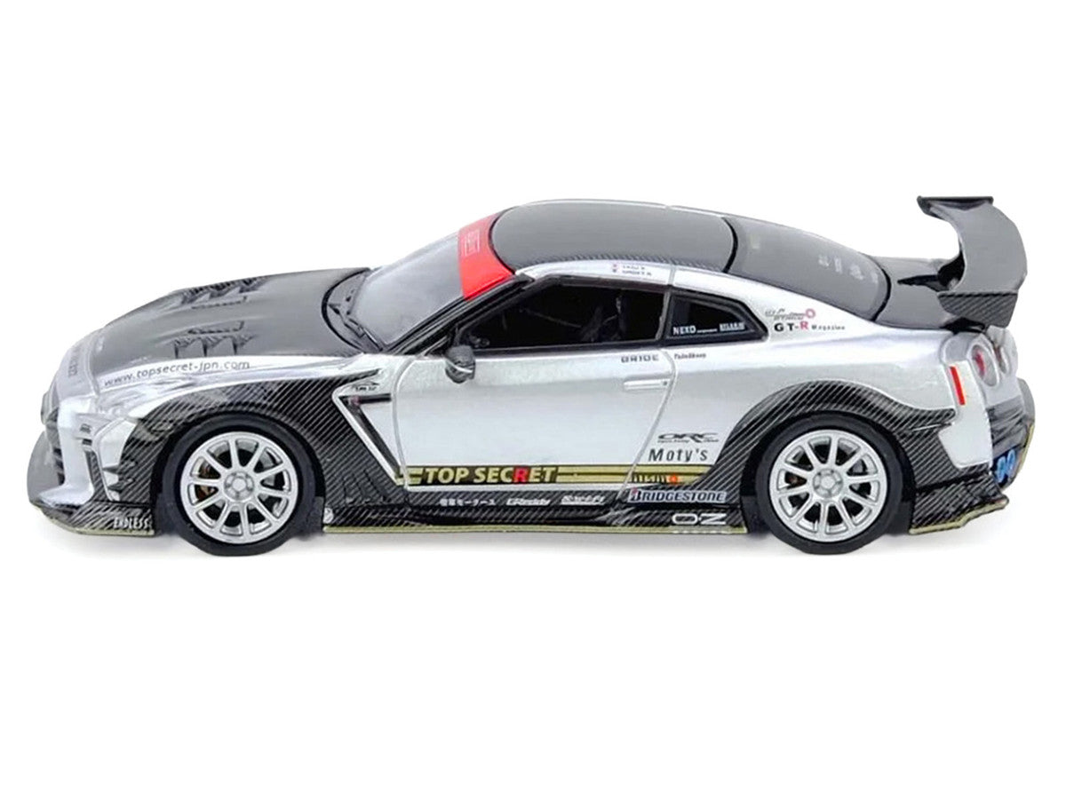 Nissan GT-R (R35) Top Secret RHD (Right Hand Drive) Silver Metallic with Carbon Hood and Top "Tokyo Auto Salon Hong Kong 2025 Event Edition" 1/64 Diecast Model Car by Inno Models 2
