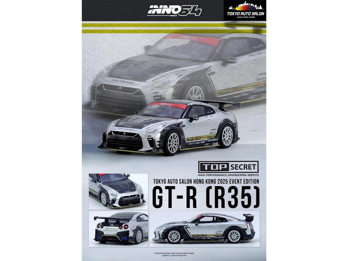 Nissan GT-R (R35) Top Secret RHD (Right Hand Drive) Silver Metallic with Carbon Hood and Top "Tokyo Auto Salon Hong Kong 2025 Event Edition" 1/64 Diecast Model Car by Inno Models 4