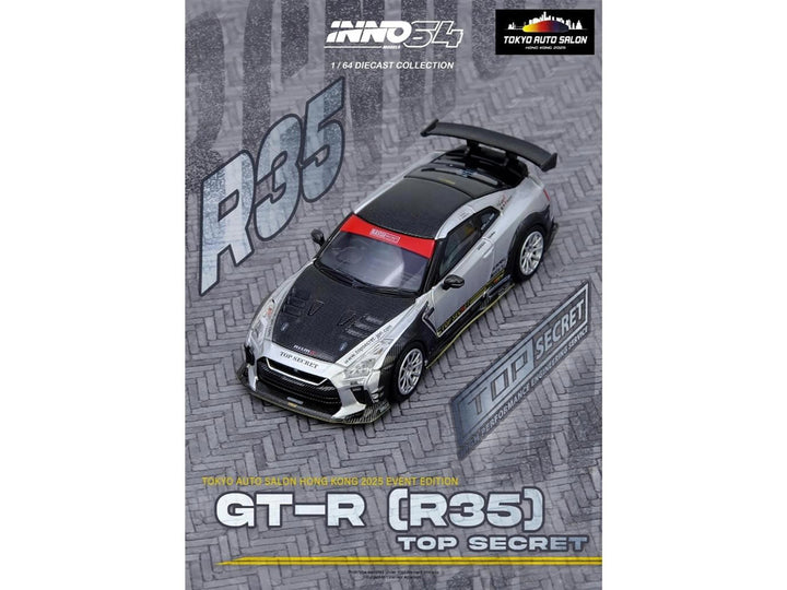 Nissan GT-R (R35) Top Secret RHD (Right Hand Drive) Silver Metallic with Carbon Hood and Top "Tokyo Auto Salon Hong Kong 2025 Event Edition" 1/64 Diecast Model Car by Inno Models 5