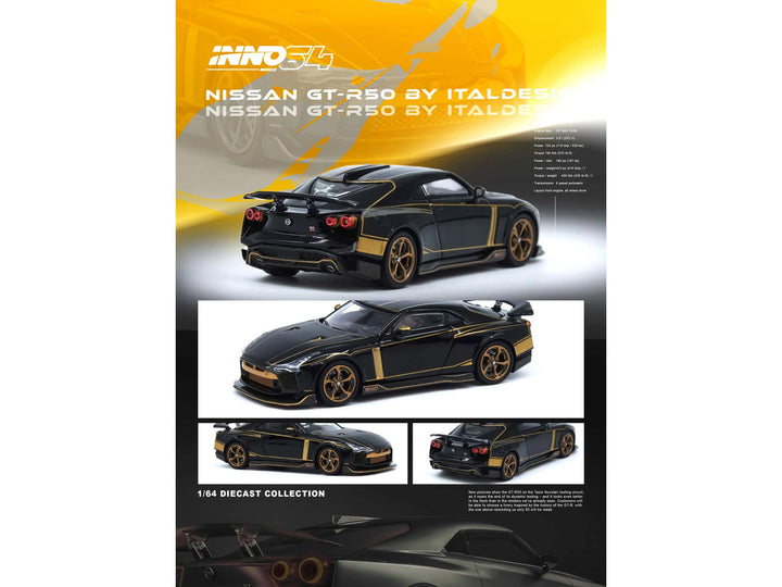 Nissan GT-R50 By ItalDesign Black with Gold Accents and Carbon Hood 1/64 Diecast Model Car by Inno Models-1