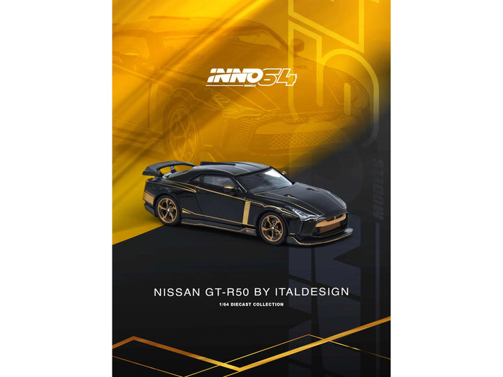 Nissan GT-R50 By ItalDesign Black with Gold Accents and Carbon Hood 1/64 Diecast Model Car by Inno Models-0