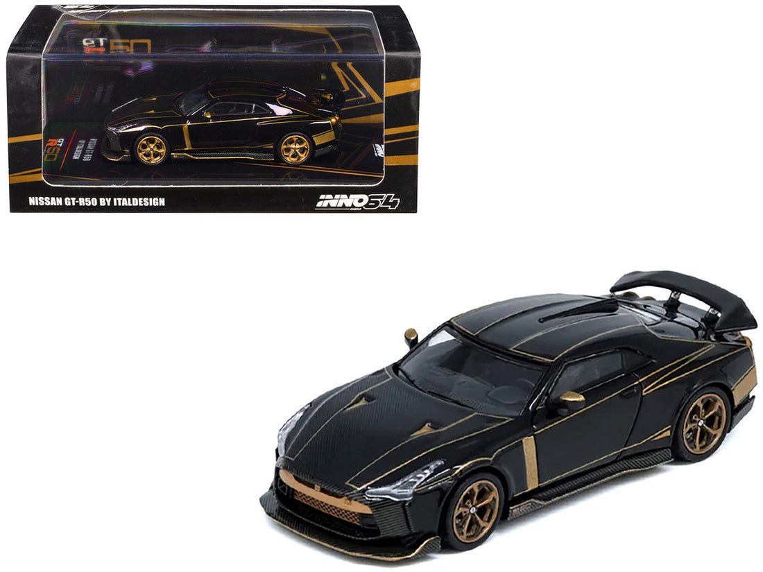 Nissan GT-R50 By ItalDesign Black with Gold Accents and Carbon Hood 1/64 Diecast Model Car by Inno Models-3
