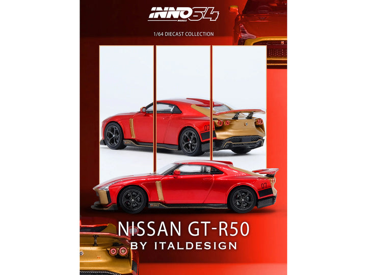 Nissan GT-R50 by ItalDesign 1:64 diecast model car by Inno Models in red metallic with gold accents displayed at an angle.