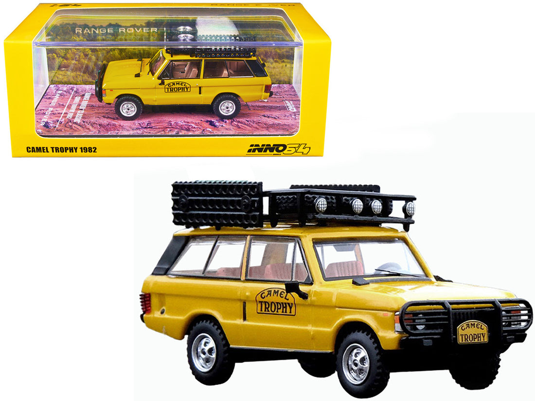 Land Rover Range Rover Classic "Camel Trophy 1982" Yellow with Roof Rack Tool Box and 4 Oil Container Accessories 1/64 Diecast Model Car by Inno Models-0