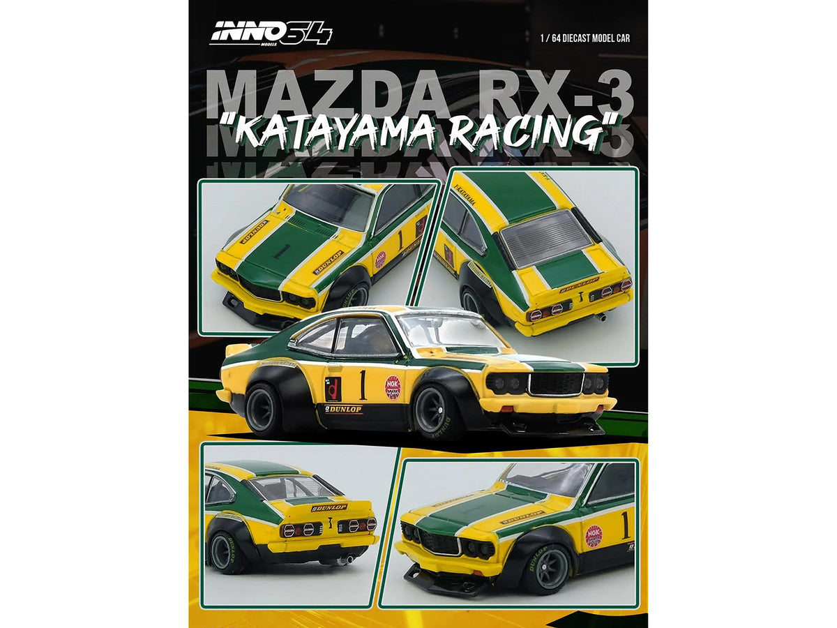 Mazda RX-3 Savanna RHD (Right Hand Drive) #1 "Katayama Racing Livery" Green and Yellow Striped 1/64 Diecast Model Car by Inno Models