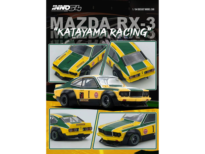 Mazda RX-3 Savanna RHD (Right Hand Drive) #1 "Katayama Racing Livery" Green and Yellow Striped 1/64 Diecast Model Car by Inno Models