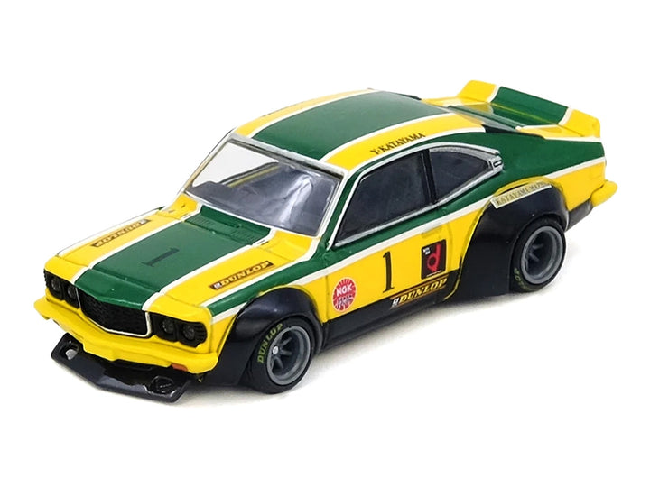 Mazda RX-3 Savanna RHD (Right Hand Drive) #1 "Katayama Racing Livery" Green and Yellow Striped 1/64 Diecast Model Car by Inno Models 2