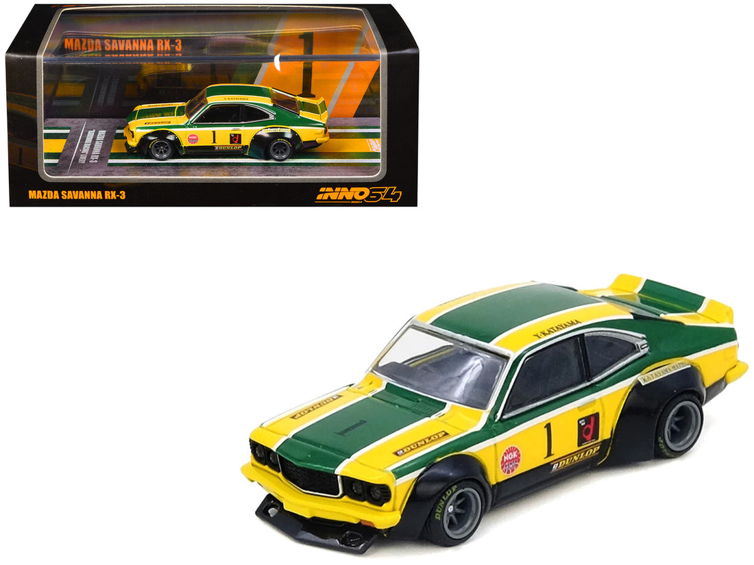 Mazda RX-3 Savanna RHD (Right Hand Drive) #1 "Katayama Racing Livery" Green and Yellow Striped 1/64 Diecast Model Car by Inno Models 3