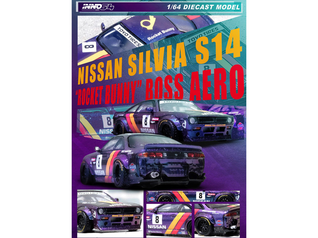 Nissan Silvia (S14) Boss RHD (Right Hand Drive) #8 "Rocket Bunny" Magic Purple with Stripes 1/64 Diecast Model Car by Inno Models-3