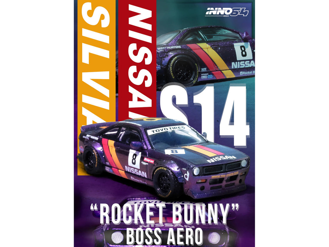 Nissan Silvia (S14) Boss RHD (Right Hand Drive) #8 "Rocket Bunny" Magic Purple with Stripes 1/64 Diecast Model Car by Inno Models-2