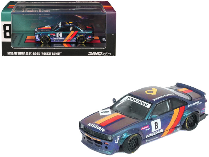 Nissan Silvia (S14) Boss RHD (Right Hand Drive) #8 "Rocket Bunny" Magic Purple with Stripes 1/64 Diecast Model Car by Inno Models-0
