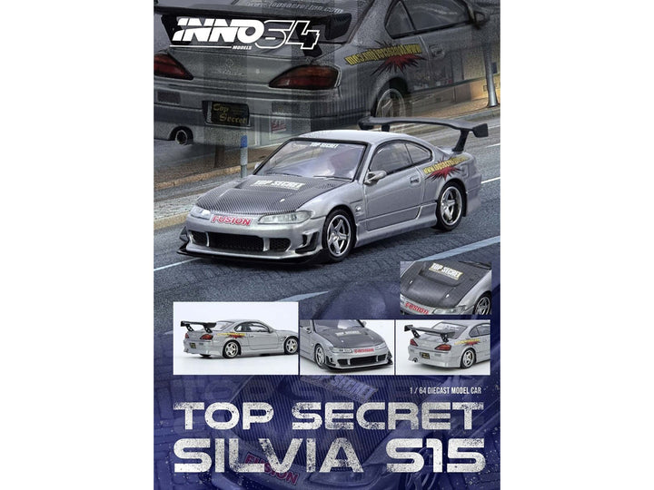 Nissan "Top Secret" Silvia (S15) RHD (Right Hand Drive) Silver Metallic with Carbon Hood 1/64 Diecast Model Car by Inno Models-3