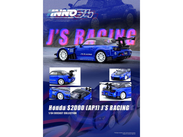 Honda S2000 J's Racing Blue Metallic 1:64 diecast model car by Inno Models with carbon fiber hood and roof