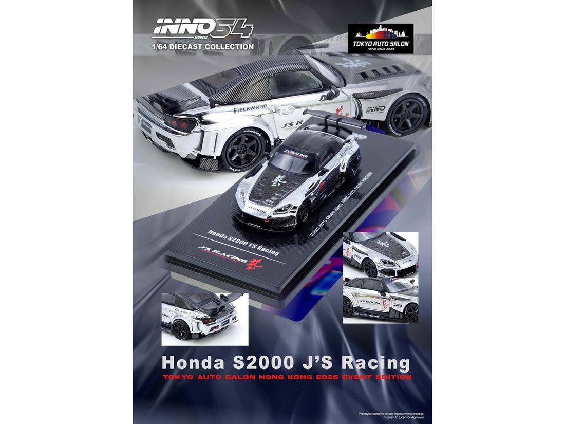 Honda S2000 RHD (Right Hand Drive) "J's Racing" Chrome Silver with Carbon Hood and Top with Graphics "Tokyo Auto Salon Hong Kong 2025 Event Edition" 1/64 Diecast Model Car by Inno Models 5