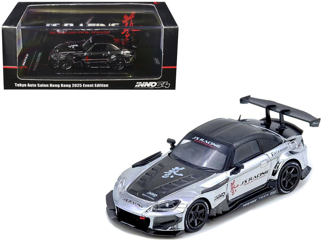 Honda S2000 RHD (Right Hand Drive) "J's Racing" Chrome Silver with Carbon Hood and Top with Graphics "Tokyo Auto Salon Hong Kong 2025 Event Edition" 1/64 Diecast Model Car by Inno Models 2