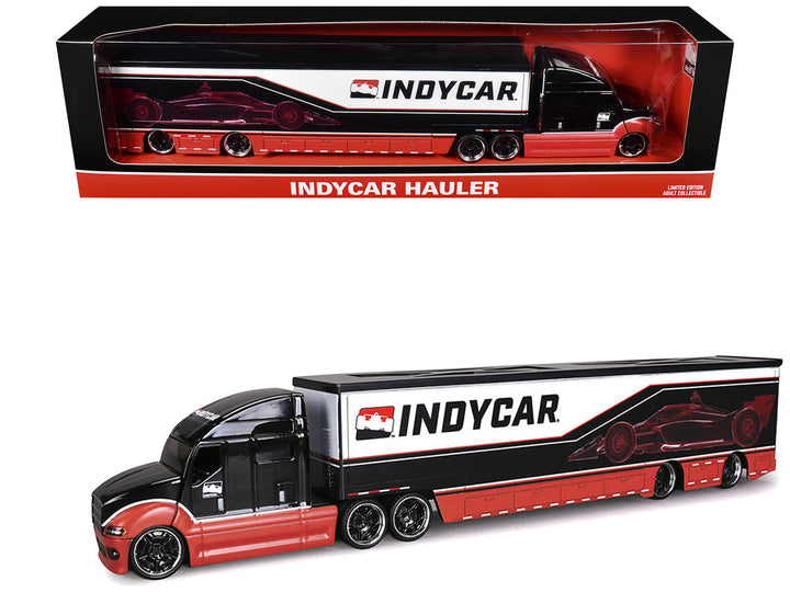 IndyCar Hauler Black and Red with Graphics 1/64 diecast model by IXO Models displayed in original collector packaging.