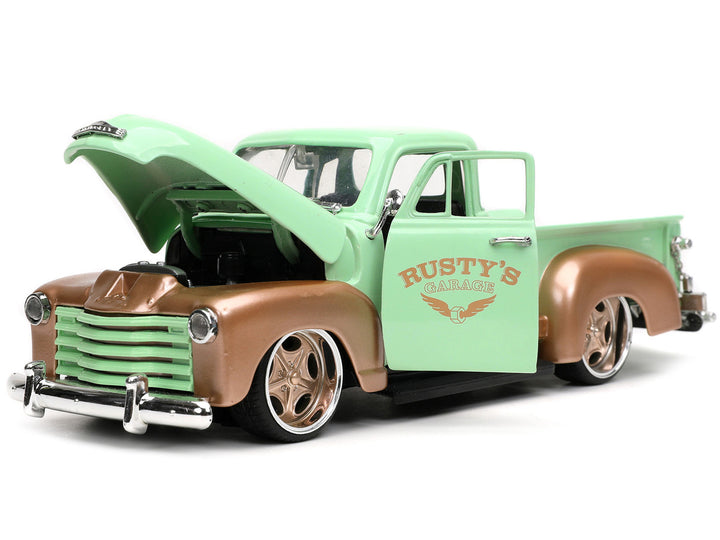 1953 Chevrolet 3100 Pickup Truck Light Green and Gold Metallic "Rusty's Garage" with Extra Wheels "Just Trucks" Series 1/24 Diecast Model Car by Jada-1