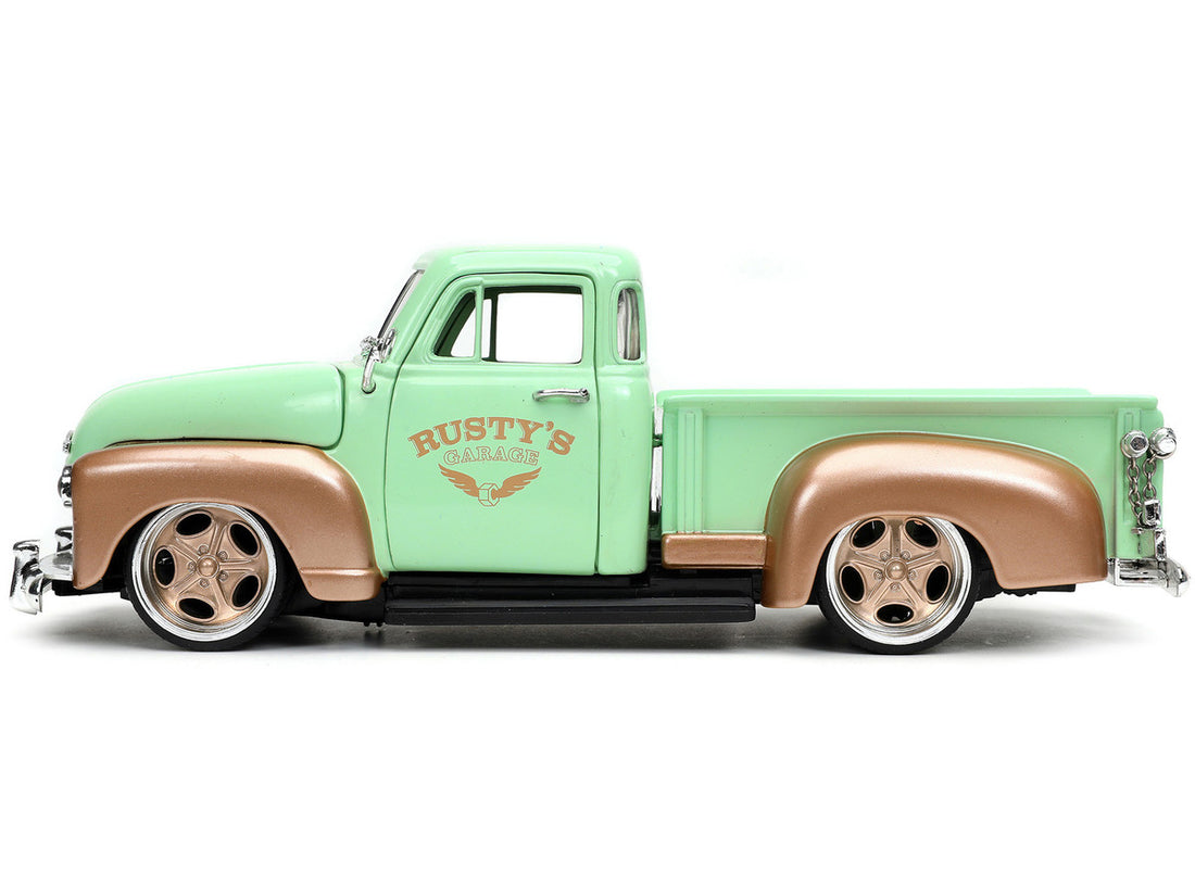 1953 Chevrolet 3100 Pickup Truck Light Green and Gold Metallic "Rusty's Garage" with Extra Wheels "Just Trucks" Series 1/24 Diecast Model Car by Jada-2