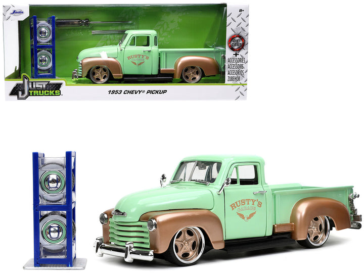 1953 Chevrolet 3100 Pickup Truck Light Green and Gold Metallic "Rusty's Garage" with Extra Wheels "Just Trucks" Series 1/24 Diecast Model Car by Jada-0