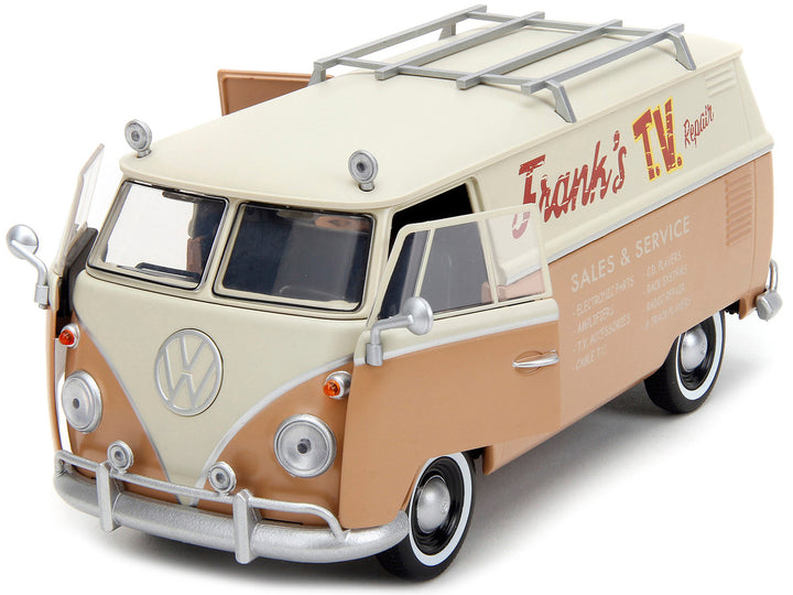 Volkswagen Bus "WheelJack" Tan and Beige "Frank's TV Repair" and Transformers Logo Diecast Statue "Transformers: Rise of the Beasts" (2023) Movie "Hollywood Rides" Series 1/24 Diecast Model Car by Jada-1