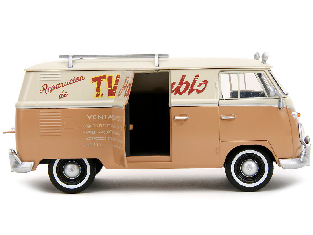 Volkswagen Bus "WheelJack" Tan and Beige "Frank's TV Repair" and Transformers Logo Diecast Statue "Transformers: Rise of the Beasts" (2023) Movie "Hollywood Rides" Series 1/24 Diecast Model Car by Jada-3