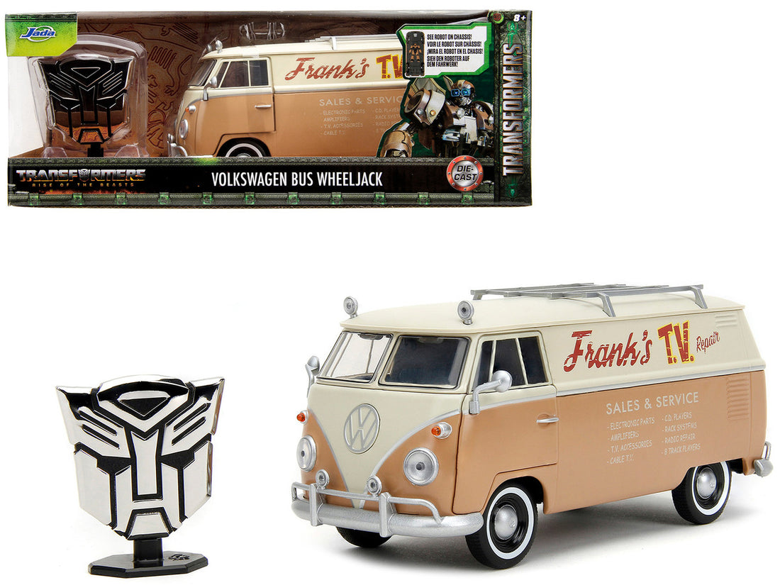 Volkswagen Bus "WheelJack" Tan and Beige "Frank's TV Repair" and Transformers Logo Diecast Statue "Transformers: Rise of the Beasts" (2023) Movie "Hollywood Rides" Series 1/24 Diecast Model Car by Jada-0