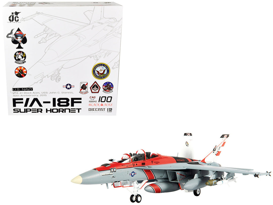 McDonnell Douglas F/A-18F Super Hornet Fighter Plane "U.S. Navy VFA-41 Black Aces USS John C. Stennis 70th Anniversary Edition" (2015) 1/72 Diecast Model by JC Wings-0