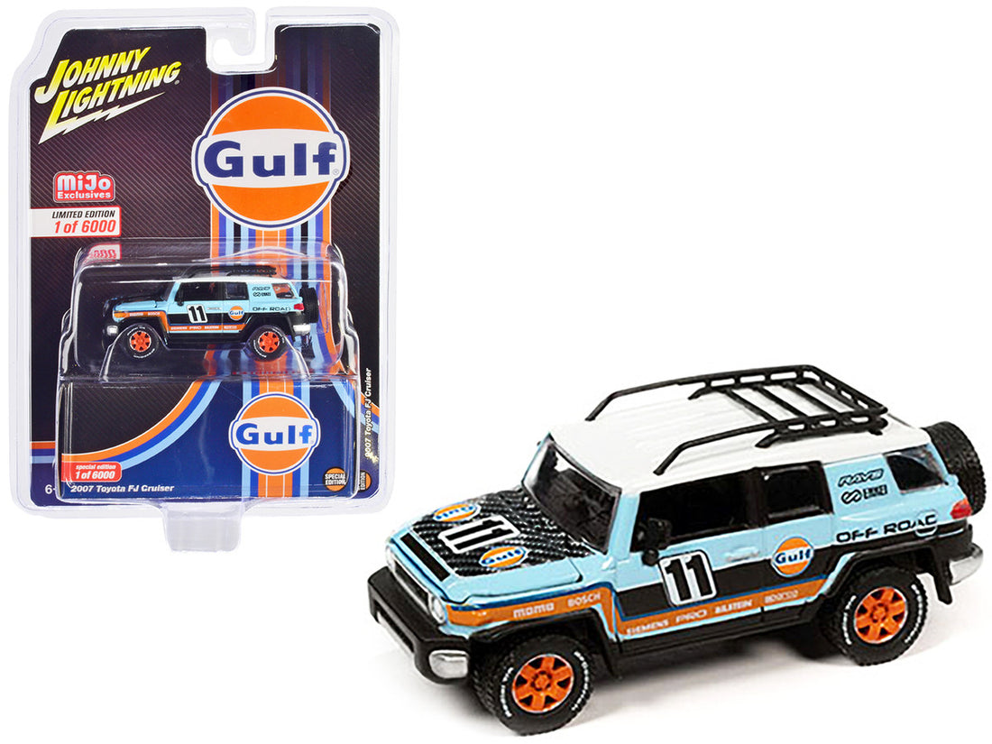 2007 Toyota FJ Cruiser #11 Light Blue "Gulf Oil" with Roofrack Limited Edition to 6000 pieces Worldwide 1/64 Diecast Model Car by Johnny Lightning-0