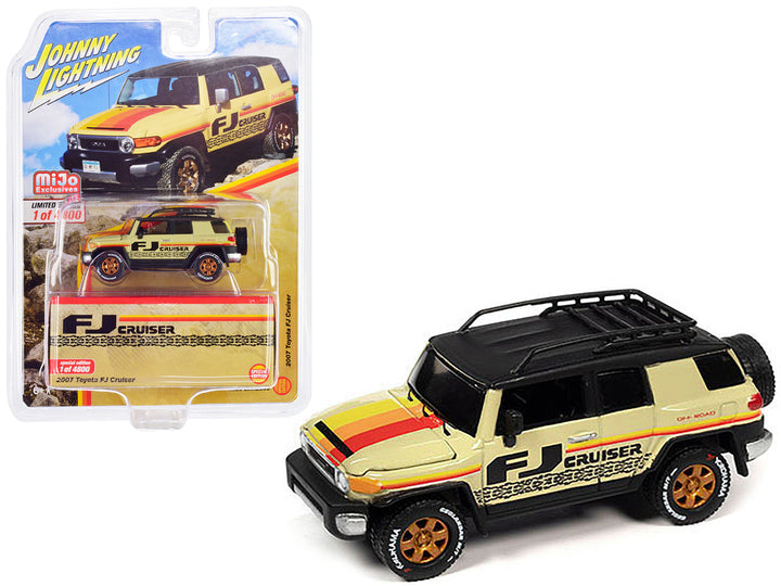 2007 Toyota FJ Cruiser Beige with Stripes and Black Top with Roofrack Limited Edition to 4800 pieces Worldwide 1/64 Diecast Model Car by Johnny Lightning-0