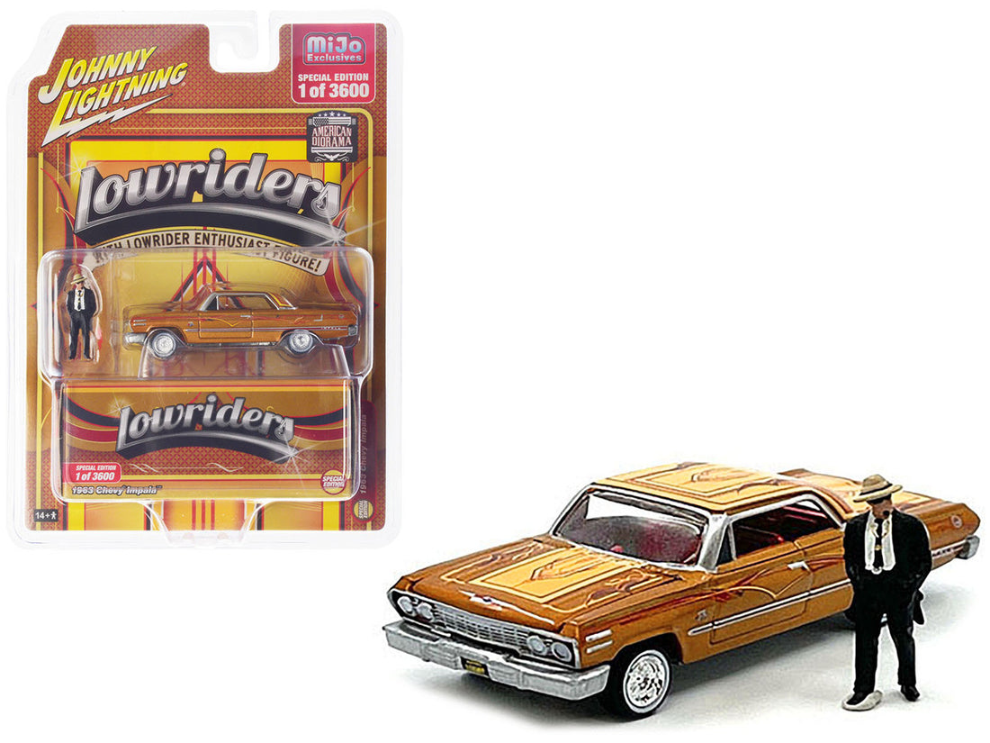 1963 Chevrolet Impala Lowrider Orange with Graphics and Diecast Figure Limited Edition to 3600 pieces Worldwide 1/64 Diecast Model Car by Johnny Lightning-0