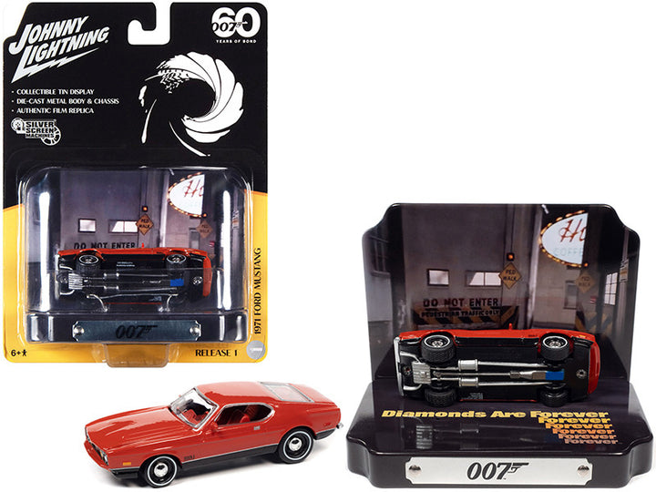 1971 Ford Mustang Mach 1 Red with Collectible Tin Display "007" (James Bond) "Diamonds Are Forever" (1971) Movie "60 Years Of Bond" 1/64 Diecast Model Car by Johnny Lightning-0