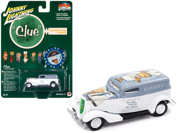 1933 Ford Delivery Van White with Gray Top (Mrs. White) with Poker Chip Collector's Token "Vintage Clue" "Pop Culture" 2022 Release 4 1/64 Diecast Model Car by Johnny Lightning-0