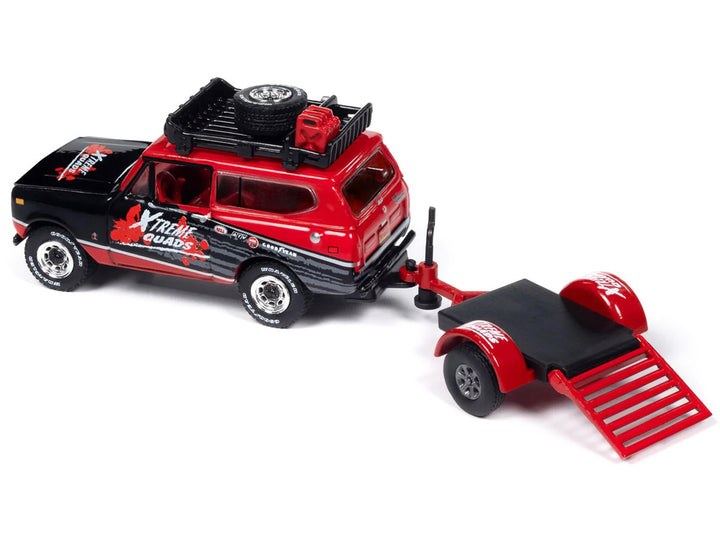 1979 International Scout II Red and Black "Xtreme Quads" with Open Utility Trailer "Tow & Go" Series 1/64 Diecast Model Car by Johnny Lightning-1