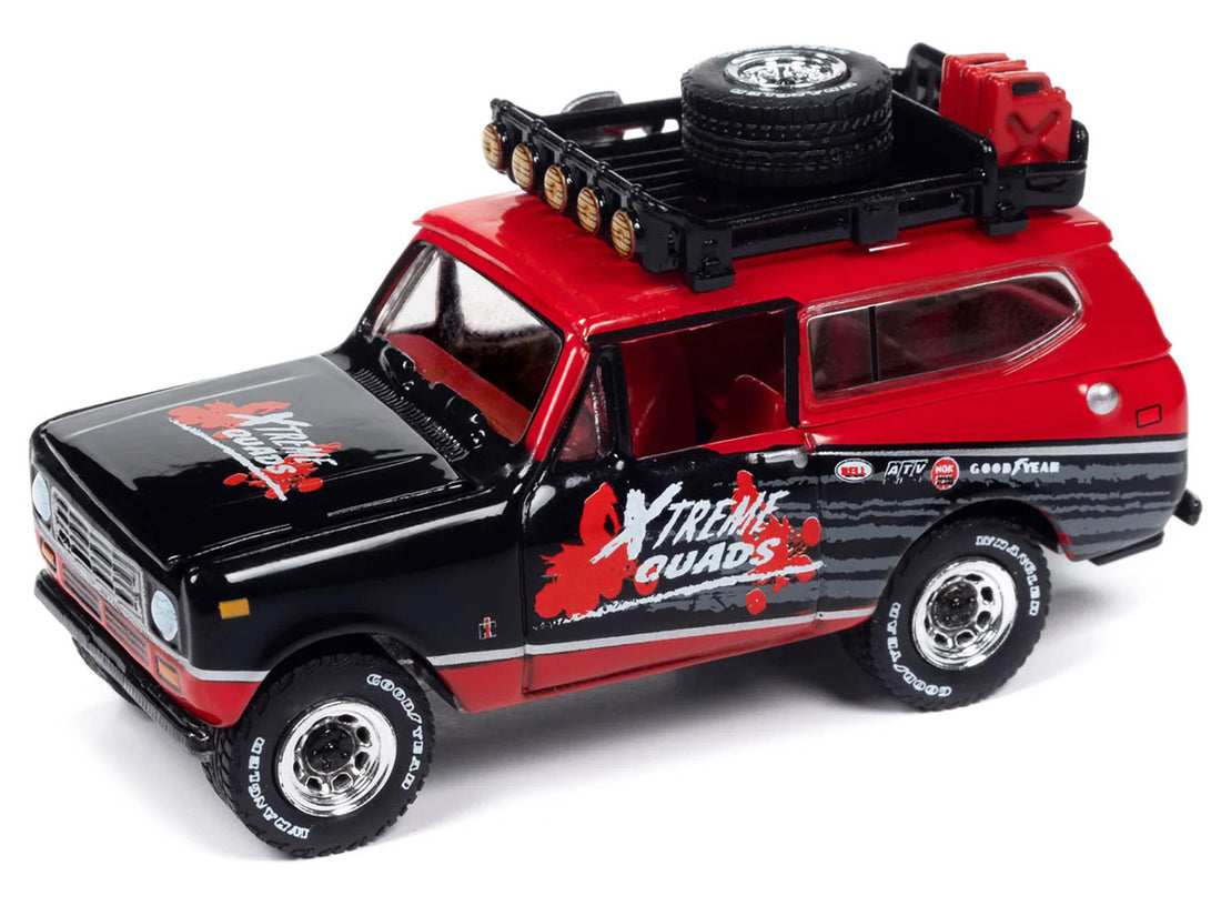 1979 International Scout II Red and Black "Xtreme Quads" with Open Utility Trailer "Tow & Go" Series 1/64 Diecast Model Car by Johnny Lightning-2