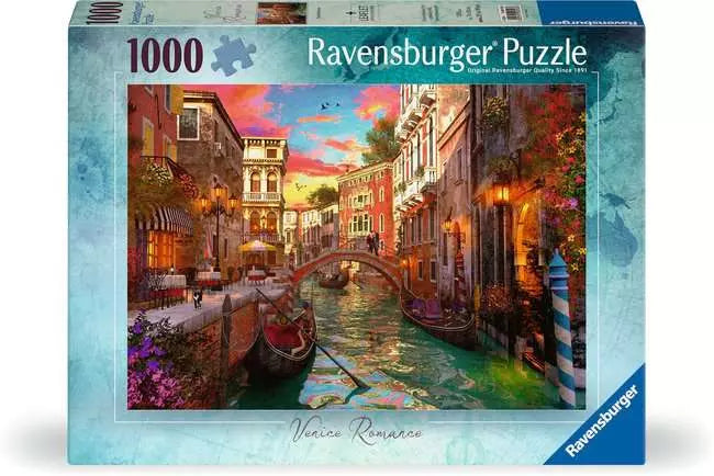 Venice Romance 1000-piece jigsaw puzzle by Ravensburger featuring a colorful Venice canal scene