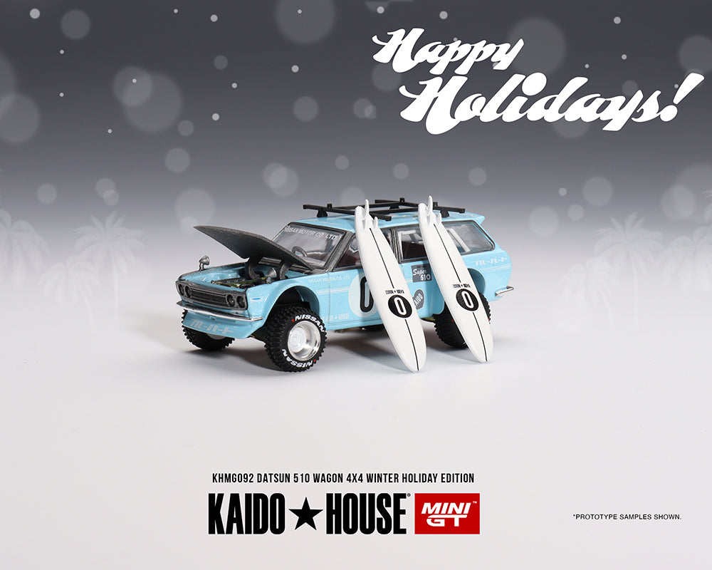 Datsun 510 Wagon Surf Safari RS Winter Holiday Edition 1:64 by Mini GT x Kaido House KHMG092 Open Hood View