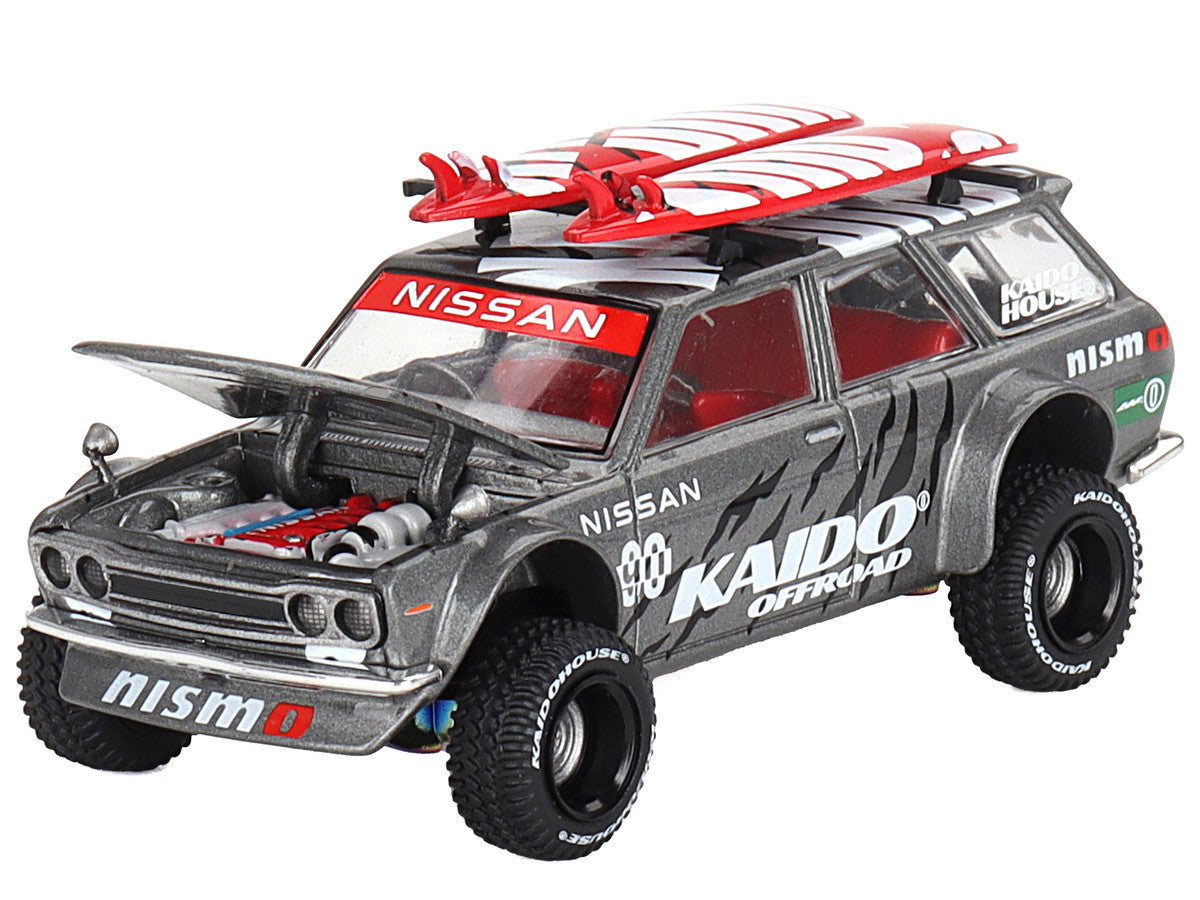 Datsun Kaido 510 Wagon 4x4 RHD (Right Hand Drive) "Kaido Offroad V1" Gray Metallic with Red Interior and Surfboards on Roof (Designed by Jun Imai) "Kaido House" Special 1/64 Diecast Model Car by Mini GT-1