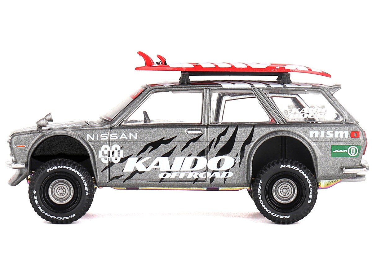 Datsun Kaido 510 Wagon 4x4 RHD (Right Hand Drive) "Kaido Offroad V1" Gray Metallic with Red Interior and Surfboards on Roof (Designed by Jun Imai) "Kaido House" Special 1/64 Diecast Model Car by Mini GT-0