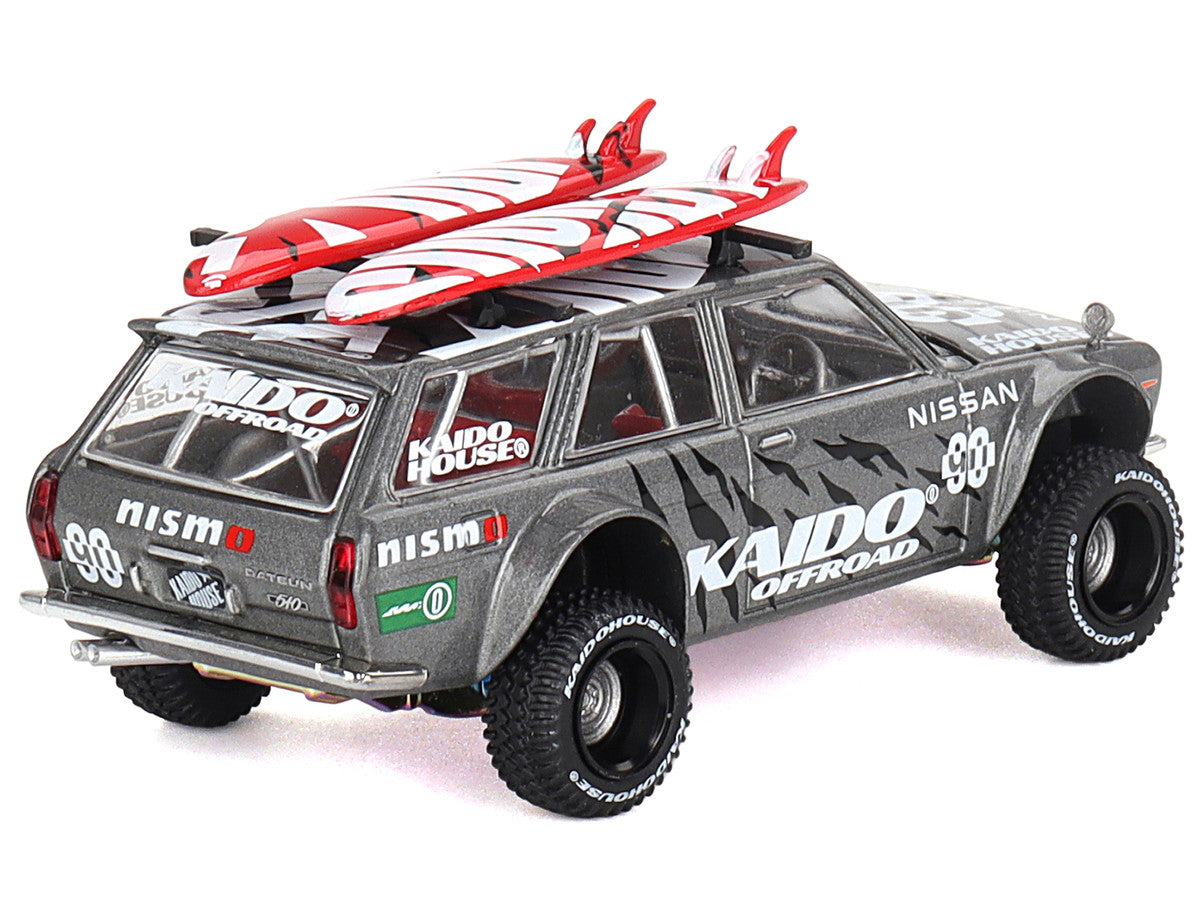 Datsun Kaido 510 Wagon 4x4 RHD (Right Hand Drive) "Kaido Offroad V1" Gray Metallic with Red Interior and Surfboards on Roof (Designed by Jun Imai) "Kaido House" Special 1/64 Diecast Model Car by Mini GT-2