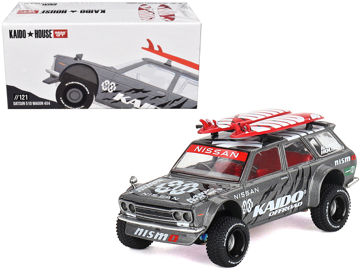 Datsun Kaido 510 Wagon 4x4 RHD (Right Hand Drive) "Kaido Offroad V1" Gray Metallic with Red Interior and Surfboards on Roof (Designed by Jun Imai) "Kaido House" Special 1/64 Diecast Model Car by Mini GT-4
