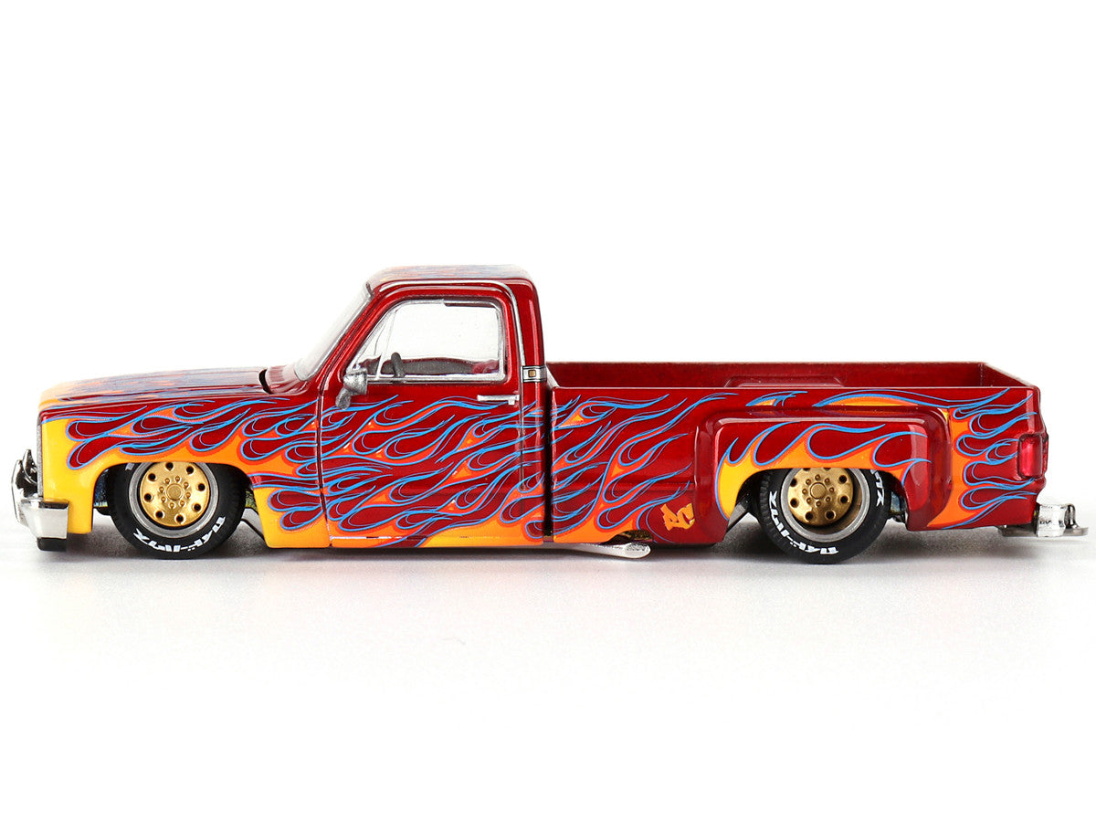 Chevrolet Silverado Dually Pickup Truck "On Fire V1" Red Metallic with Flames and Red Interior (Designed by Jun Imai) "Kaido House" Special 1/64 Diecast Model Car by Mini GT-0