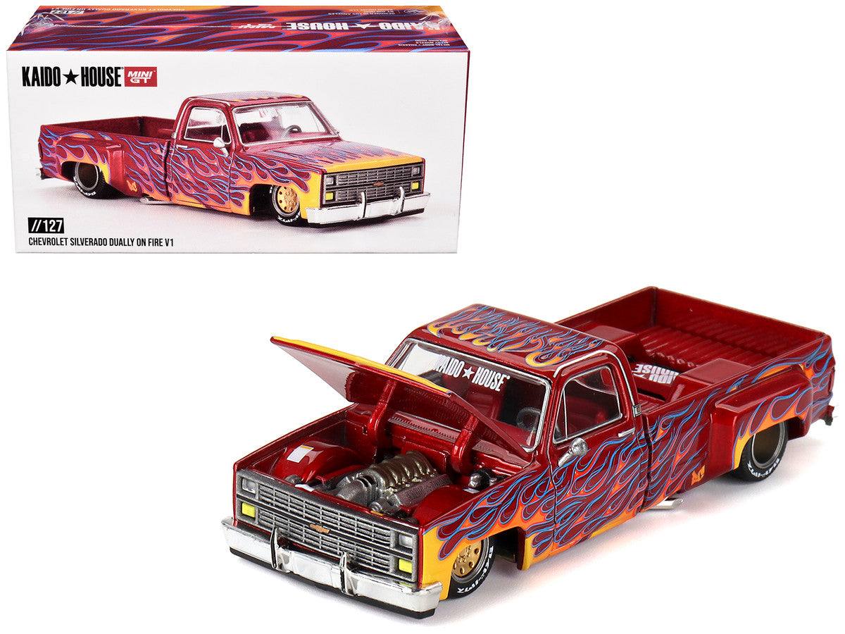 Chevrolet Silverado Dually Pickup Truck "On Fire V1" Red Metallic with Flames and Red Interior (Designed by Jun Imai) "Kaido House" Special 1/64 Diecast Model Car by Mini GT-4
