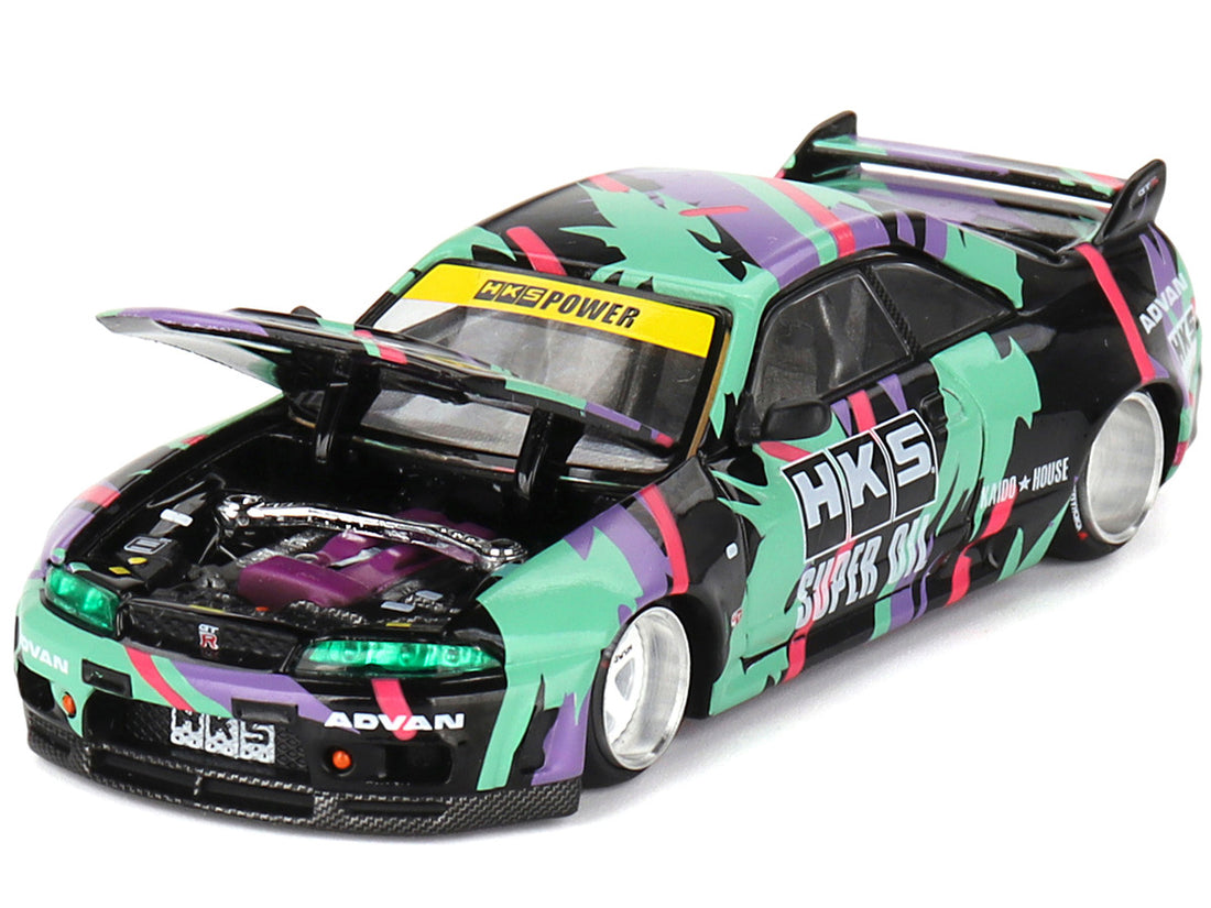 Nissan Skyline GT-R (R33) "HKS V1" RHD (Right Hand Drive) Black with Graphics (Designed by Jun Imai) "Kaido House" Special 1/64 Diecast Model Car by Mini GT-1