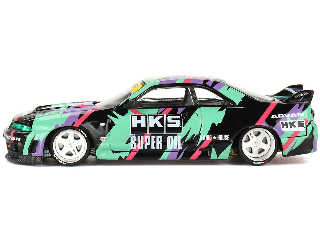 Nissan Skyline GT-R (R33) "HKS V1" RHD (Right Hand Drive) Black with Graphics (Designed by Jun Imai) "Kaido House" Special 1/64 Diecast Model Car by Mini GT-0