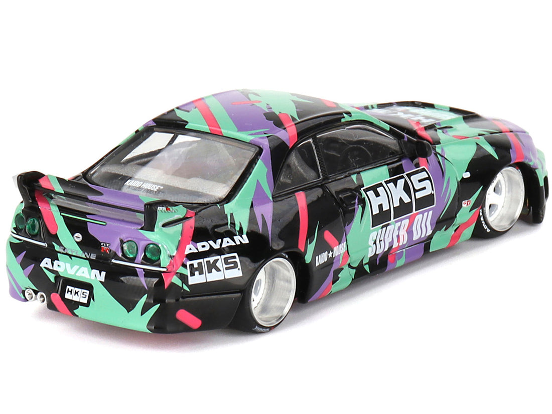 Nissan Skyline GT-R (R33) "HKS V1" RHD (Right Hand Drive) Black with Graphics (Designed by Jun Imai) "Kaido House" Special 1/64 Diecast Model Car by Mini GT-2