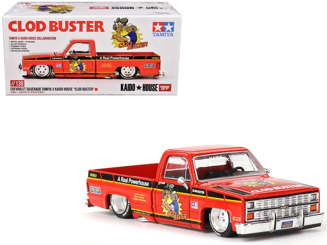 Chevrolet Silverado Pickup Truck "Clod Buster" Orange with Black Stripes (Designed by Jun Imai) "Tamiya x Kaido House" Special 1/64 Diecast Model Car by Mini GT-4