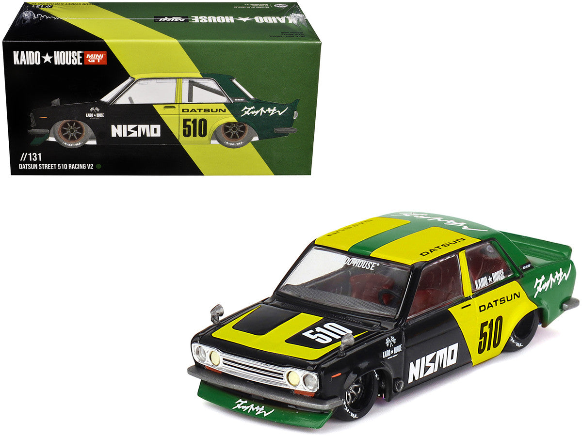 Datsun Street 510 "Racing V2" Black and Green with Yellow Accents (Designed by Jun Imai) "Kaido House" Special 1/64 Diecast Model Car by Mini GT-4